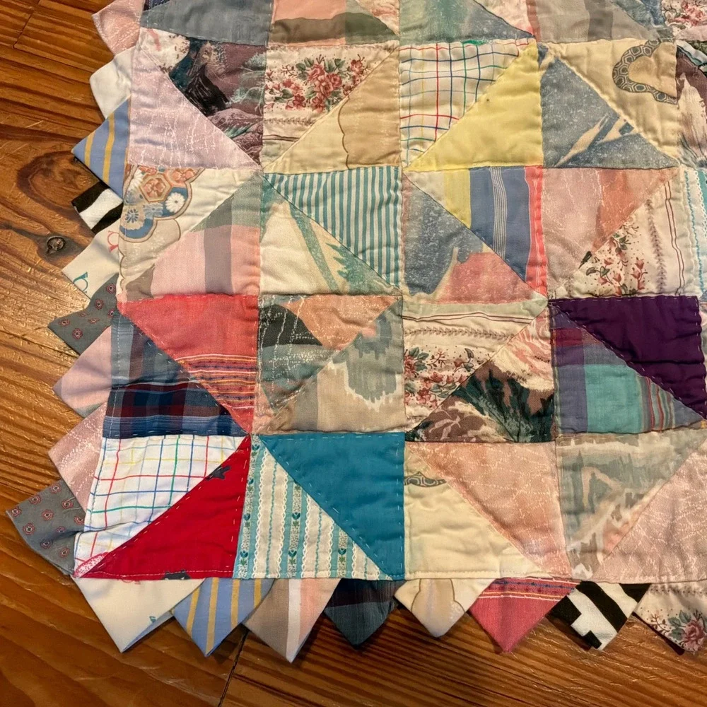 Vintage Handmade Patchwork Quilt Topper Prairie Point Border Colorful 30x29